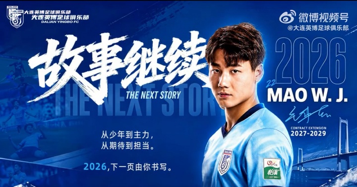 毛伟杰续约大连英博至2029年，21岁国脚锁定五年长约
