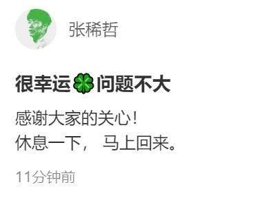 张稀哲无对抗扭伤退场 赛后社媒自报平安