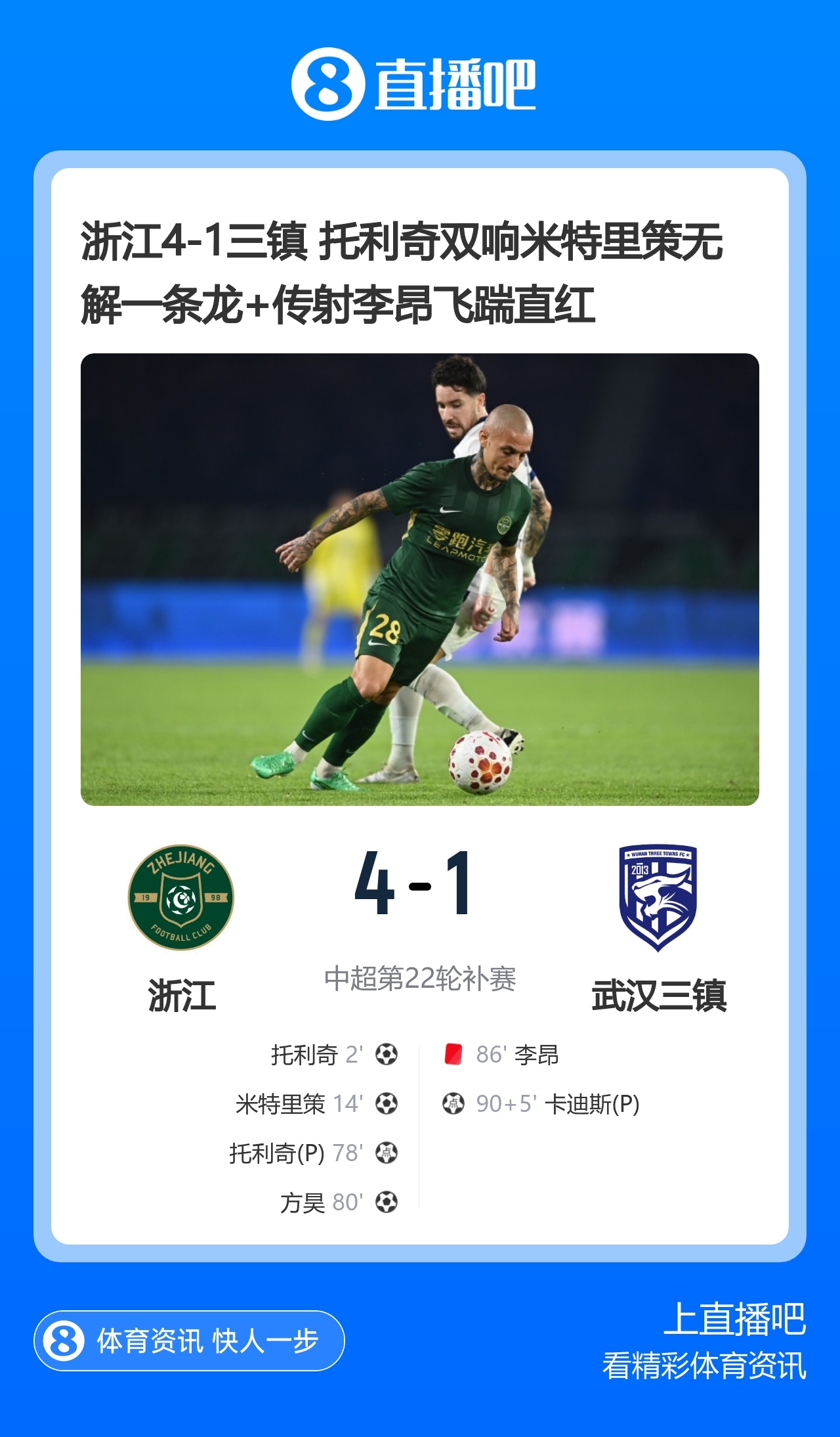 浙江4-1三镇 托利奇双响米特里策无解一条龙+传射李昂飞踹直红