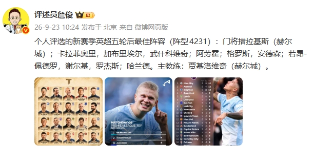 已赛5轮!詹俊评英超最佳阵:曼城3人 阿森纳、切尔西、赫尔城2人 已赛5轮!詹俊评英超最佳阵:曼城3人 阿森纳、切尔西、赫尔城2人